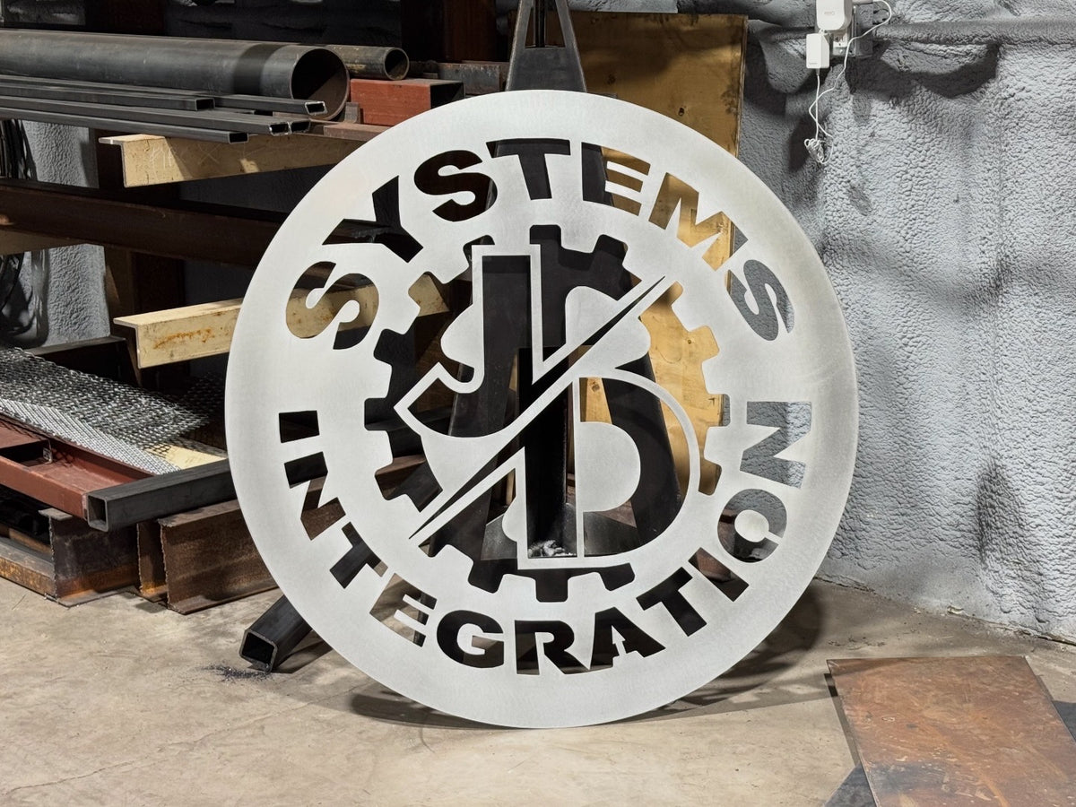 CNC plasma-cut steel business sign with gear logo, fabricated by Prestigious Metal Works, Waco TX